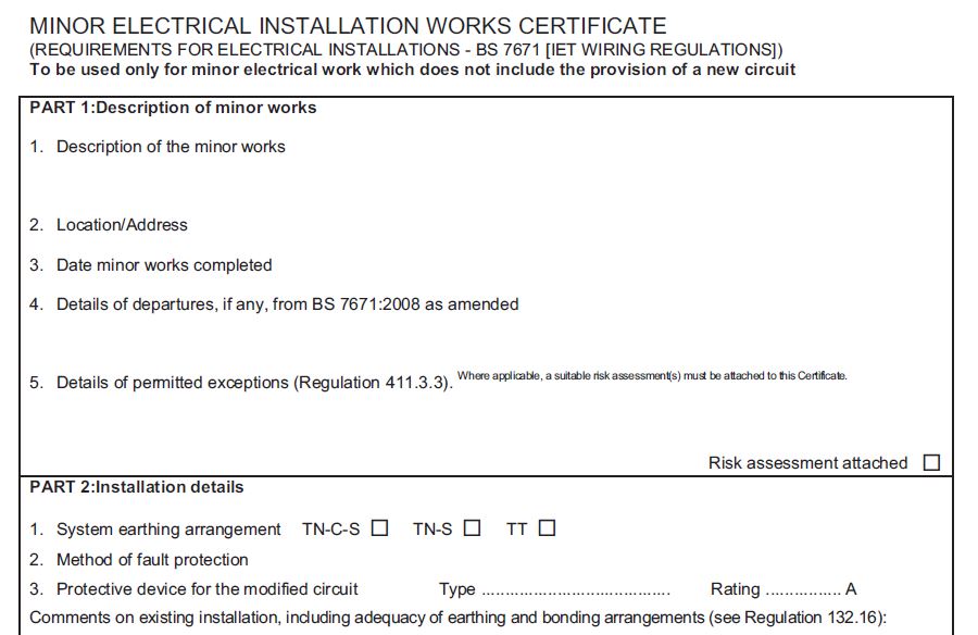 Minor Electrical Installation Works Certificate Template