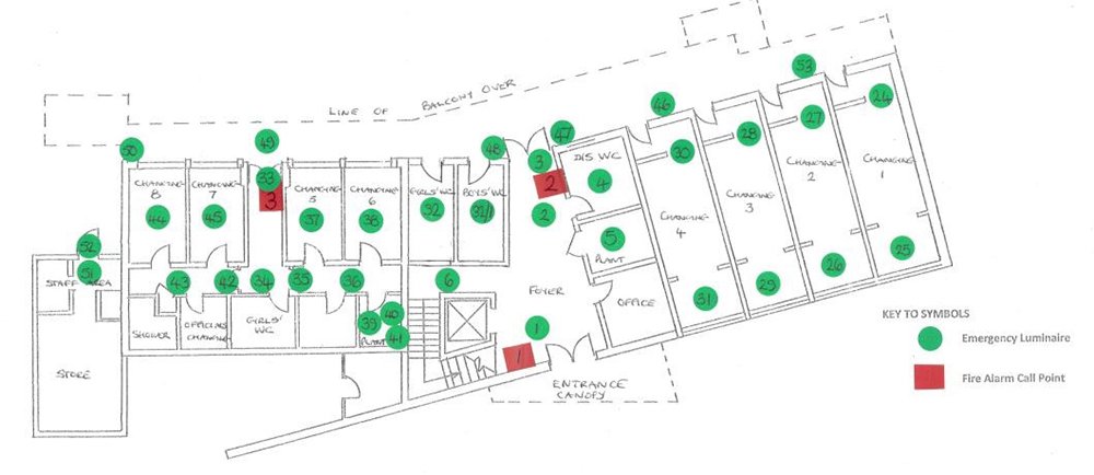 Fig 1: Simple layout drawing showing uniquely referenced emergency lighting and fire alarm call points
