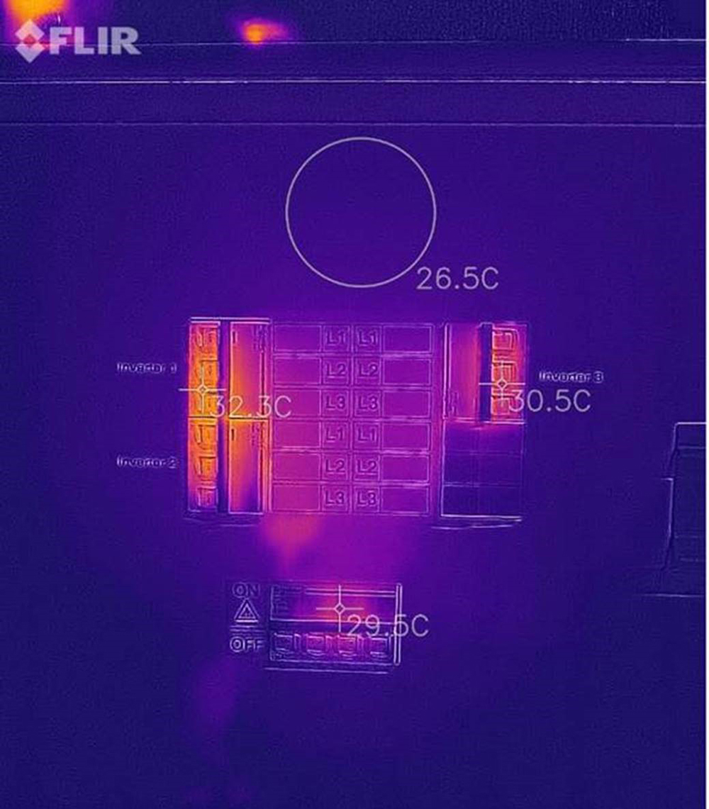Figure 1: an image of a four-way three-phase distribution board taken with a thermal imaging camera