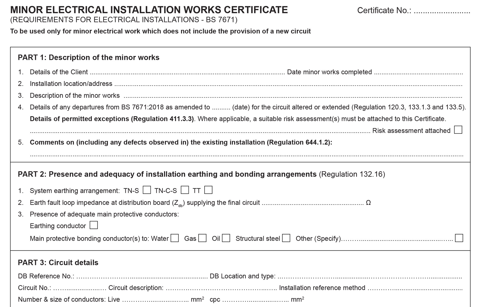 TIS Test Certificate Book Domestic Installation Condition 